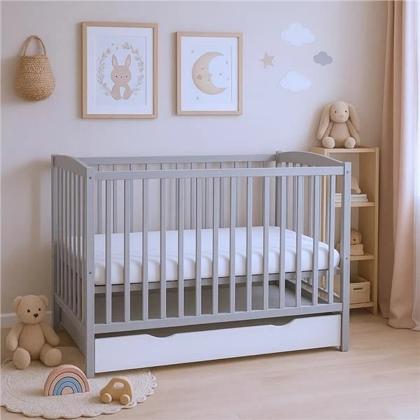 Krevat bebe me sirtar, New Baby LILLY, 120x60 cm, dru pishe, 3 nivele baze, gri