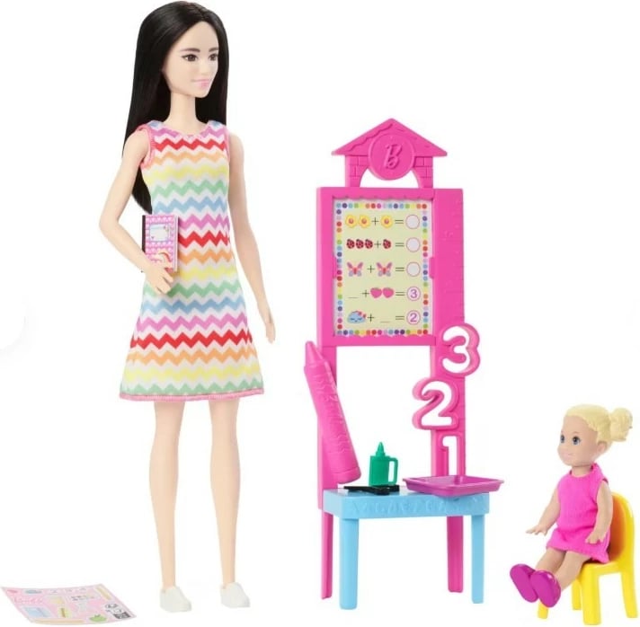 Set kukullash Barbie Mattel JCR71/JCR77, mësuese me nxënëse dhe aksesorë, shumëngjyrëshe