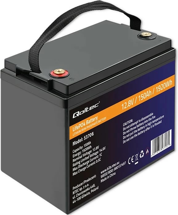 Bateri LiFePO4 Qoltec 53706, 12.8V, 150Ah, 1920Wh, me BMS