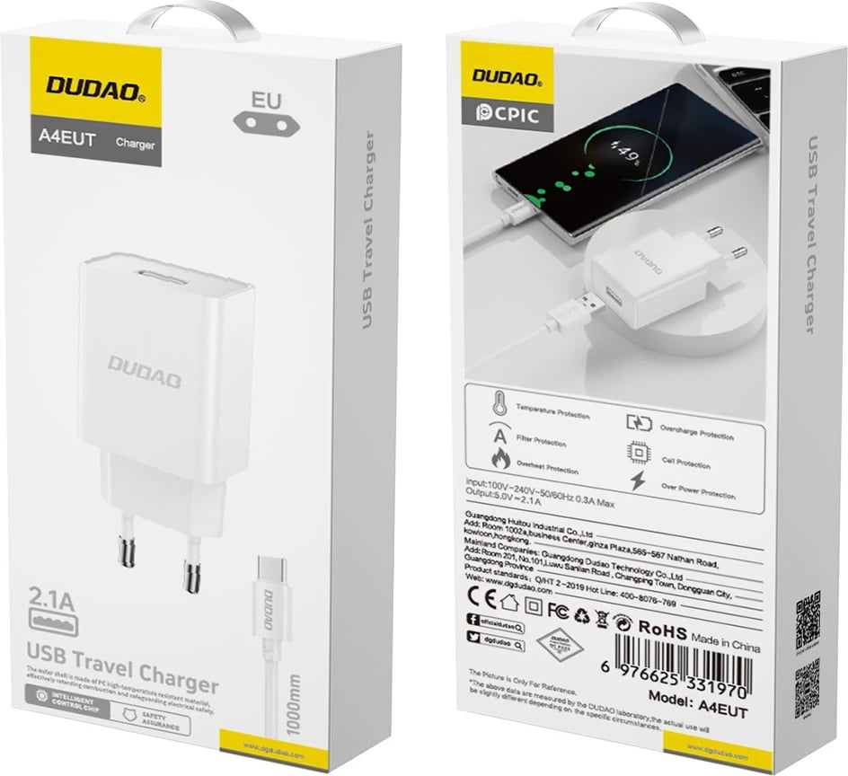 Karikues muri Dudao A4EU me USB-A 2.1A, me kabllo USB-A në USB-C, Bardhë
