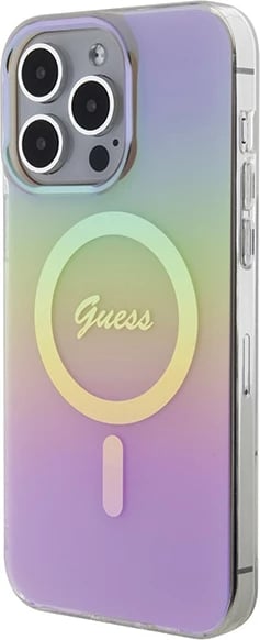 Mbështjellës Guess IML Iridescent MagSafe për iPhone 15 Pro, rozë