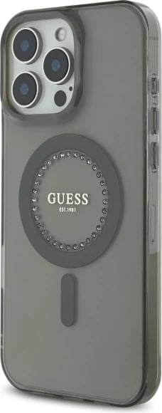 Mbështjellës Guess IML Rhinestones MagSafe për iPhone 16 Pro Max, Zi
