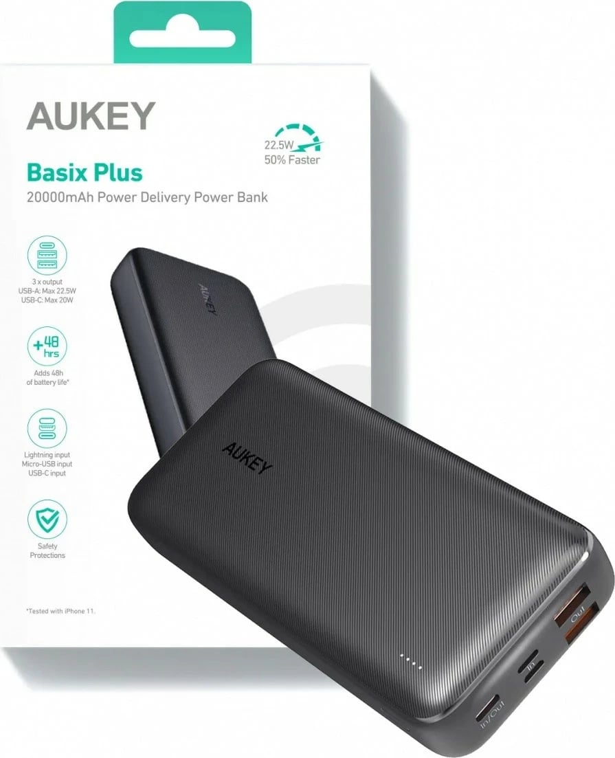 Power bank AUKEY PB-N74S Basix Plus, 20000 mAh, 5xUSB, Quick Charge 3.0, Power Delivery 3.0, 22.5W, LED, e zezë