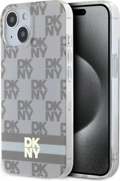 Mbështjellës DKNY IML Checkered Mono Pattern & Printed Stripes MagSafe për iPhone 15 Plus / 14 Plus, Bezhe