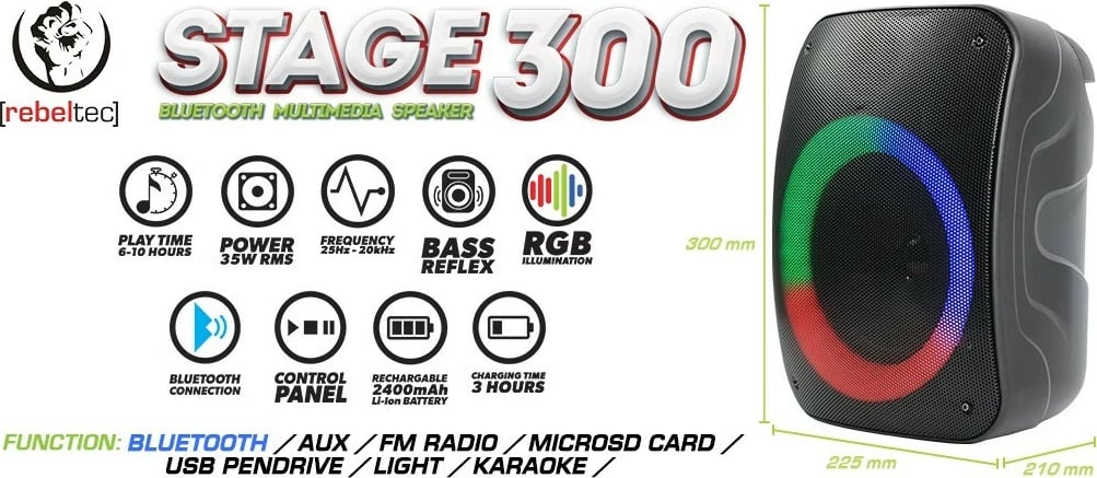 Altoparlant Bluetooth Rebeltec STAGE 300, 35W, i zi, me drita RGB