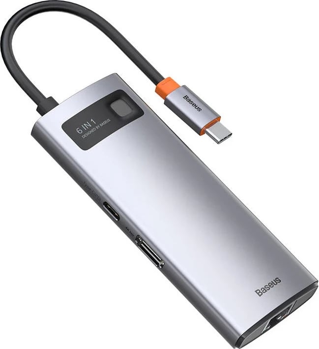 Kasë Baseus Metal Gleam Series CAHUB-CW0G, 6-në-1, USB-C në 3x USB 3.0 + HDMI + USB-C PD + Ethernet RJ45, Gri