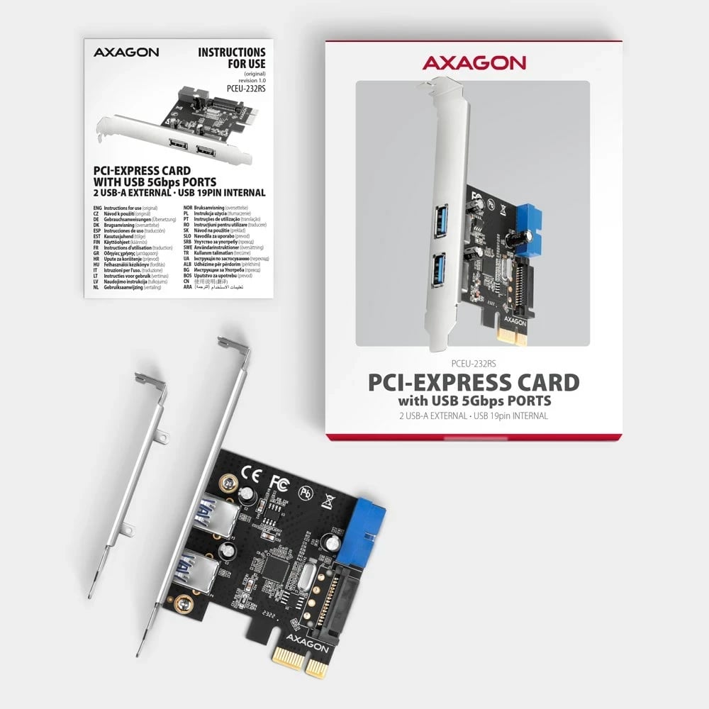 Kontroller PCIe Axagon PCEU-232RS, 2x USB ekst. + 2x USB int., 5Gbps