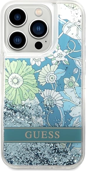 Mbështjellës Guess Flower Liquid Glitter për iPhone 14 Pro Max, Gjelbër