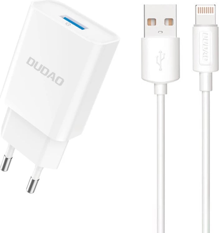 Karikues muri Dudao A4EU me USB-A 2.1A, me kabllo USB-A në Lightning, Bardhë