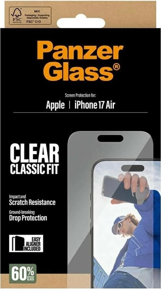 Mbështjellës xhami PanzerGlass Classic Fit EasyAligner për iPhone 17 Air, transparent