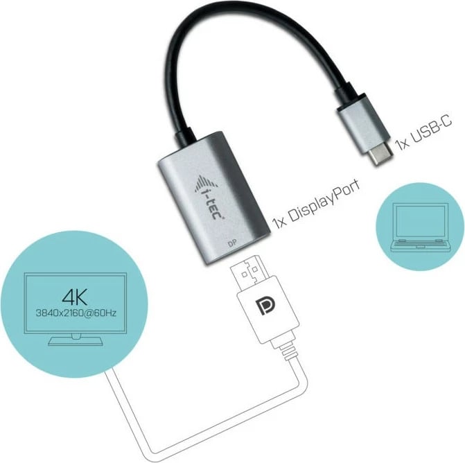 Adapter USB-C në DisplayPort I-Tec, metalik
