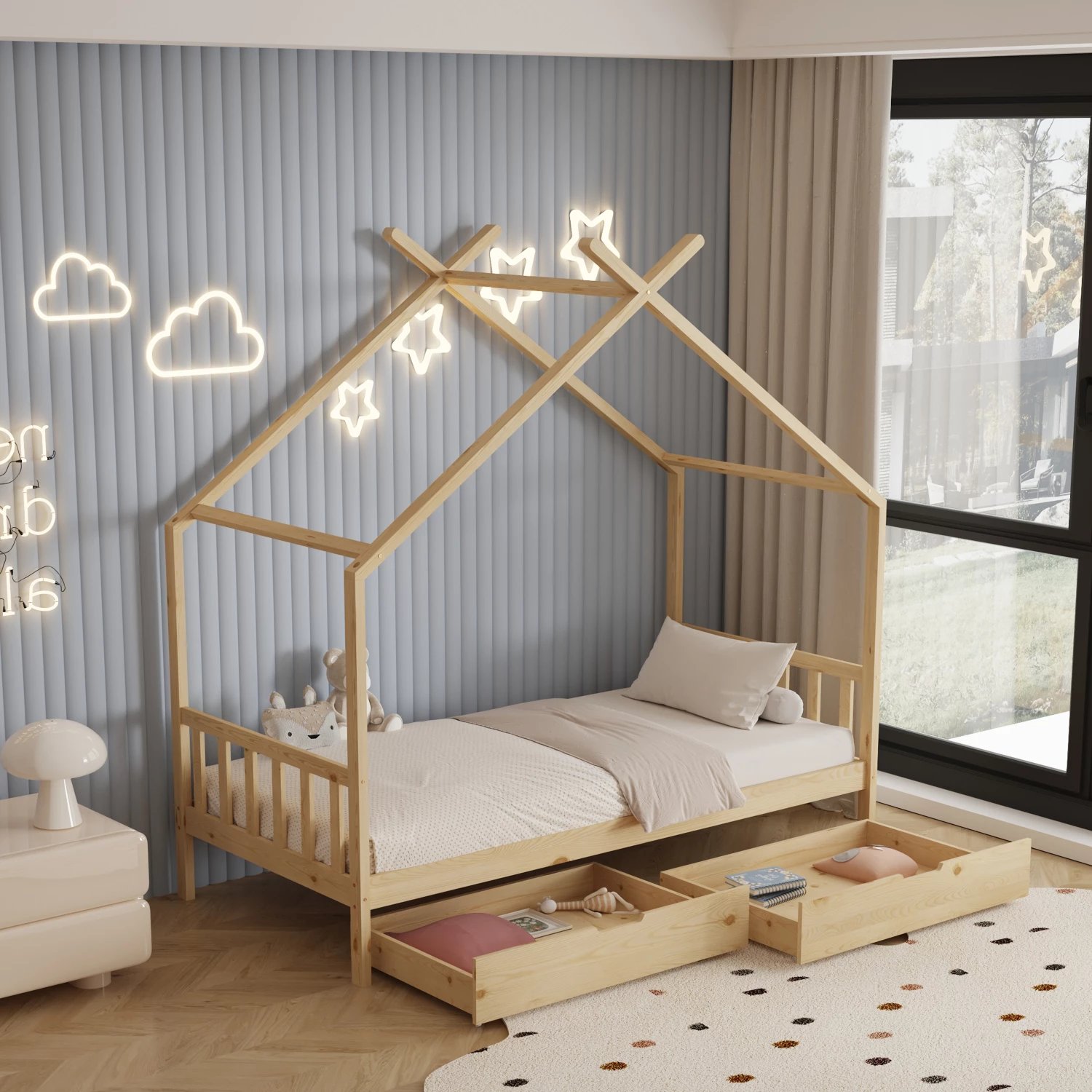 Krevat për fëmijë KLARICE FH680.01 t.MONTESSORI-2 sirtarë- dru pishe i fortë në ngjyrë natyrale- 190x90cm