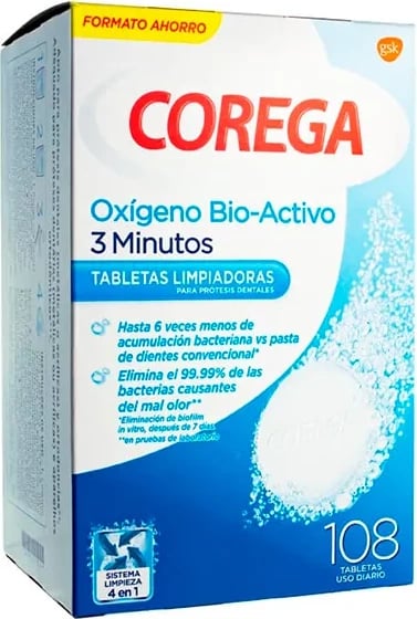 Tableta pastruese për proteza dentare Corega Bio-Active Oxygen 108 tableta