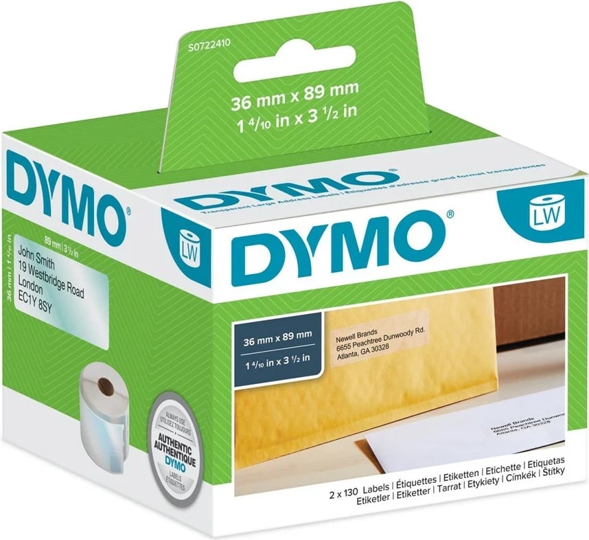 Etiketa vetëngjitëse DYMO, 36 x 89 mm, 12 role, Bardhë