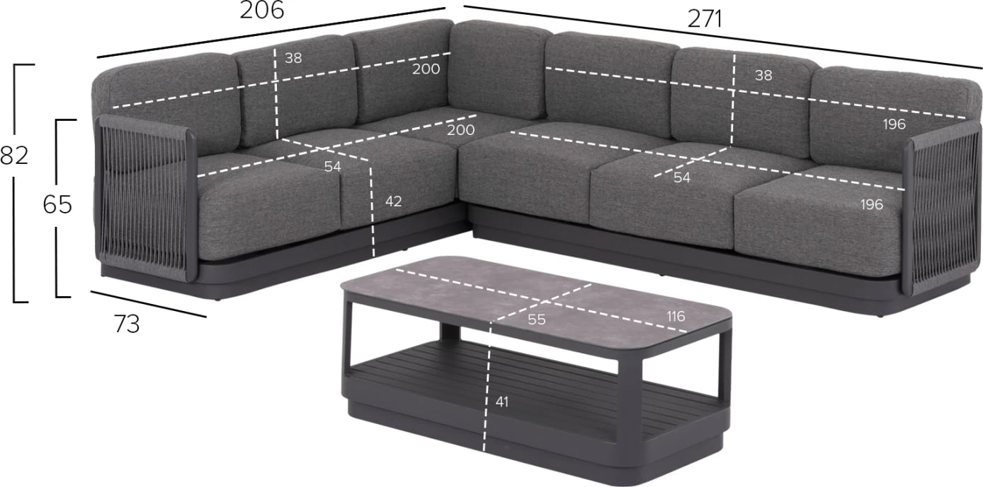 Set këndi për jashtë, 3 pjesë, seria ELYSIA, alumin i hirtë i errët, litar, material tekstili, CD6187.01