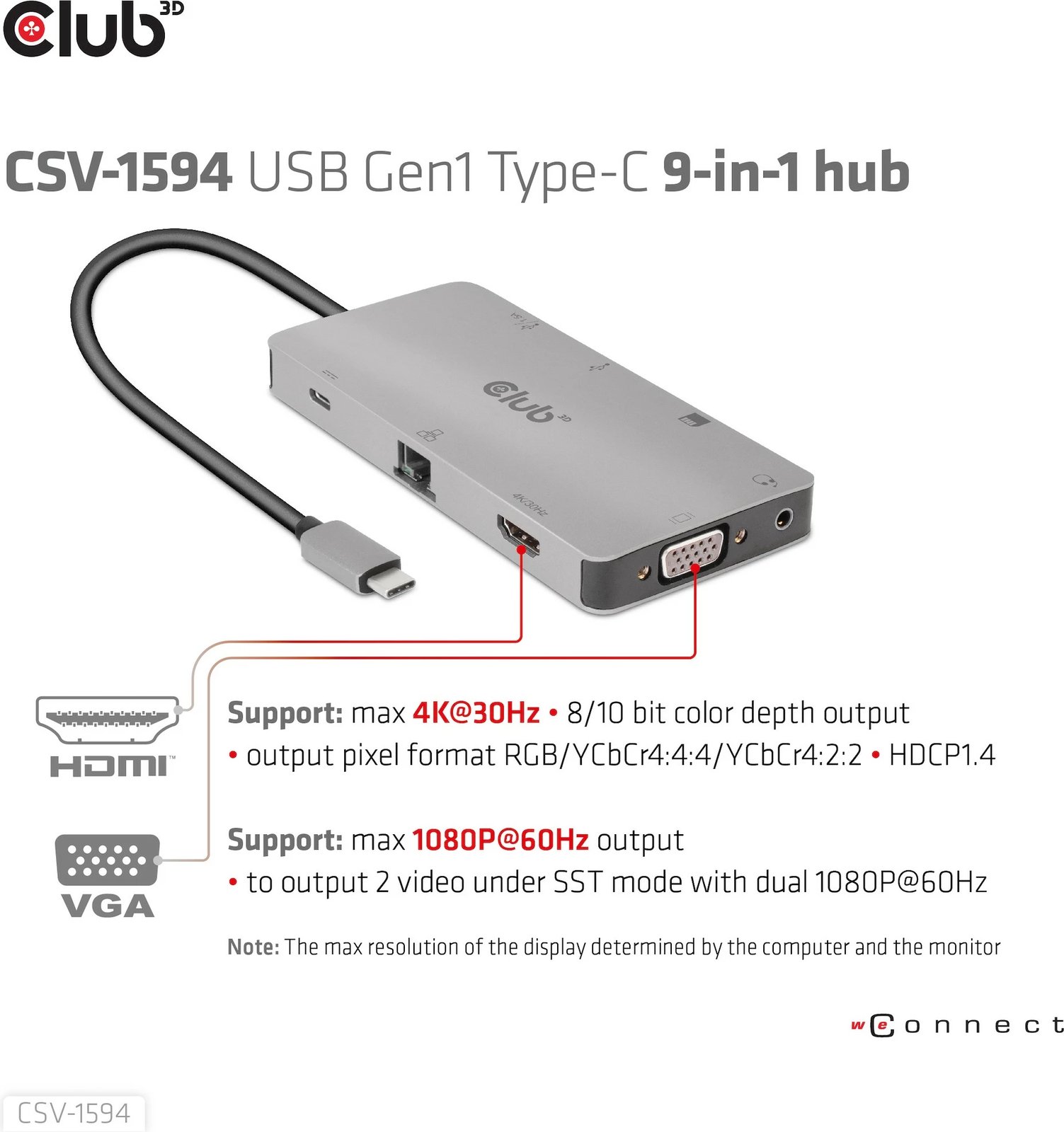 HUB USB-C Club3D 9in1, HDMI VGA 2xUSB RJ45 SD, 100W, zi/gri