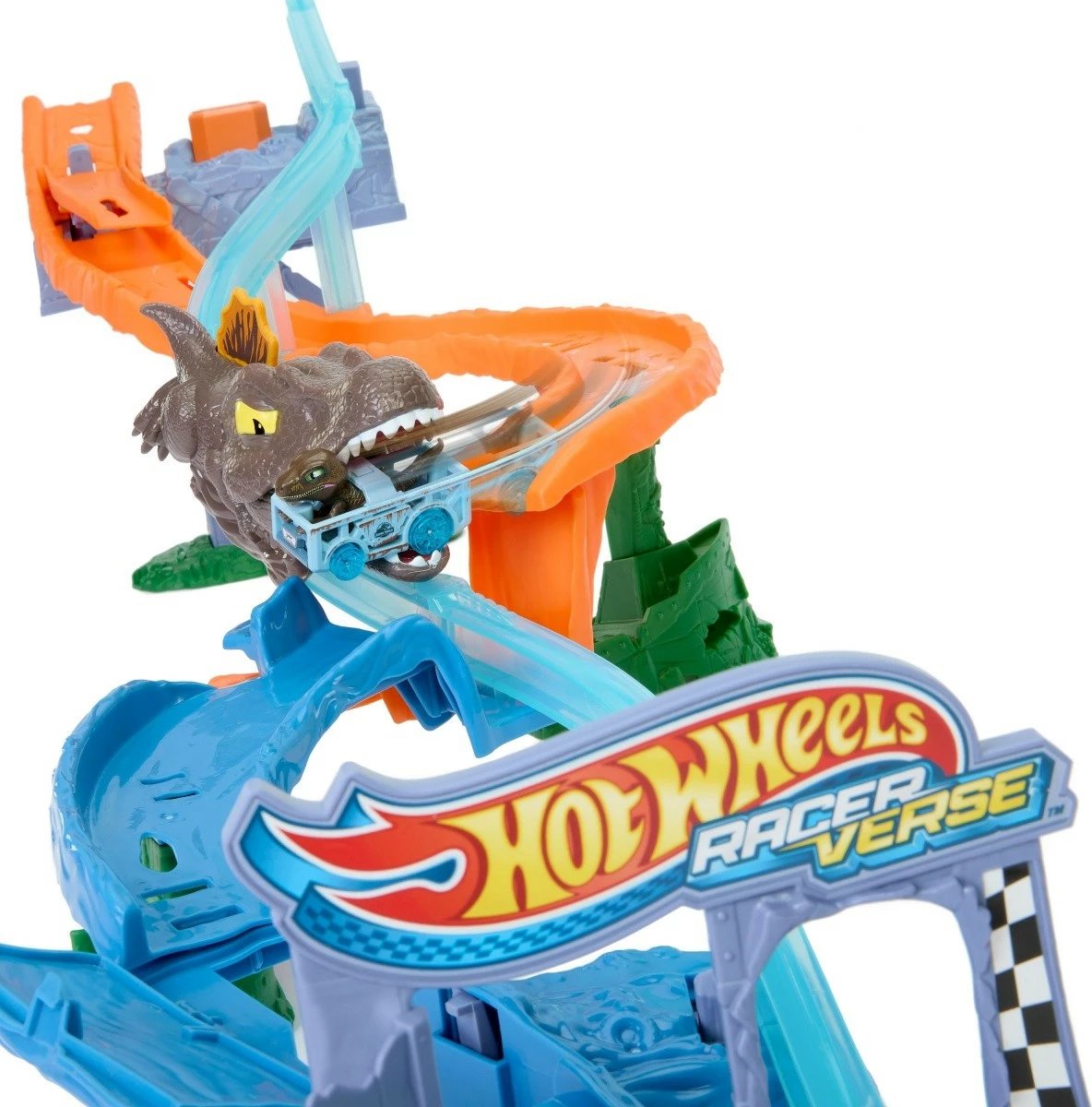 Set loje Hot Wheels RacerVerse Jurassic World Marine Dinosaur Chase Track, Velociraptor, shumëngjyrësh