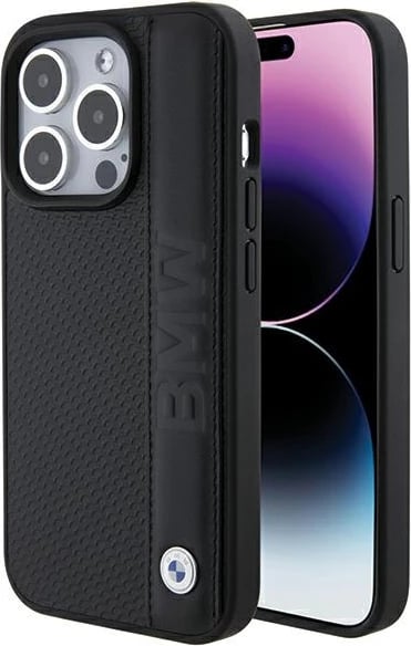 Mbështjellës BMW Leather Textured & Stripe për iPhone 15 Pro, i zi