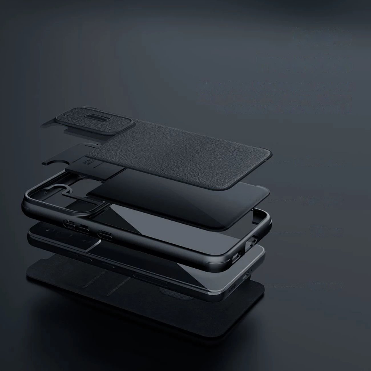 Mbështjellës Nillkin Qin Cloth Pro Case për iPhone 14 Pro Max, me kapak dhe mbulesë kamere, Blu