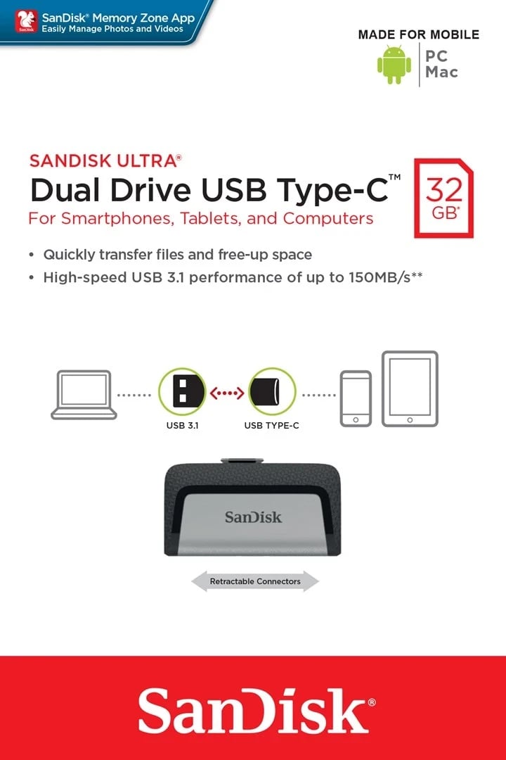 USB flash drive SanDisk Ultra Dual Drive USB Type-C 32 GB, e zezë, argjendtë