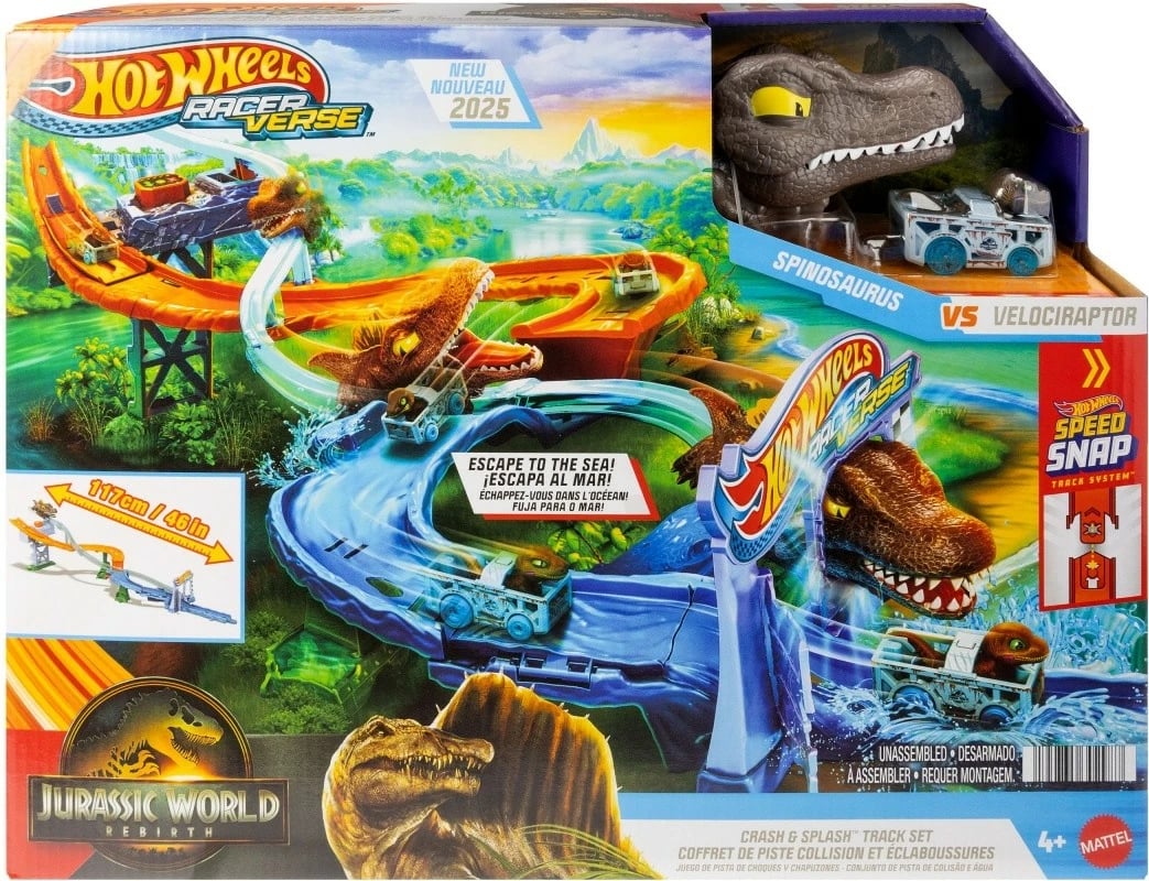 Set loje Hot Wheels RacerVerse Jurassic World Marine Dinosaur Chase Track, Velociraptor, shumëngjyrësh