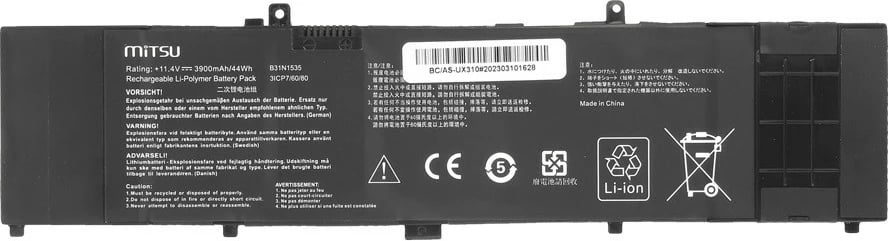 Bateri laptop Mitsu BC/AS-UX310 për Asus Zenbook UX310UA UX410UA, 3900 mAh, 11.4V, e zezë