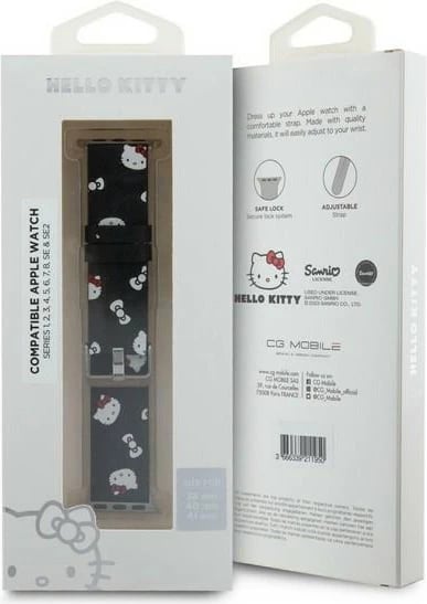 Rrip për Apple Watch Hello Kitty Heads & Bows Pattern, lëkurë ekologjike, i zi, 38/40/41mm