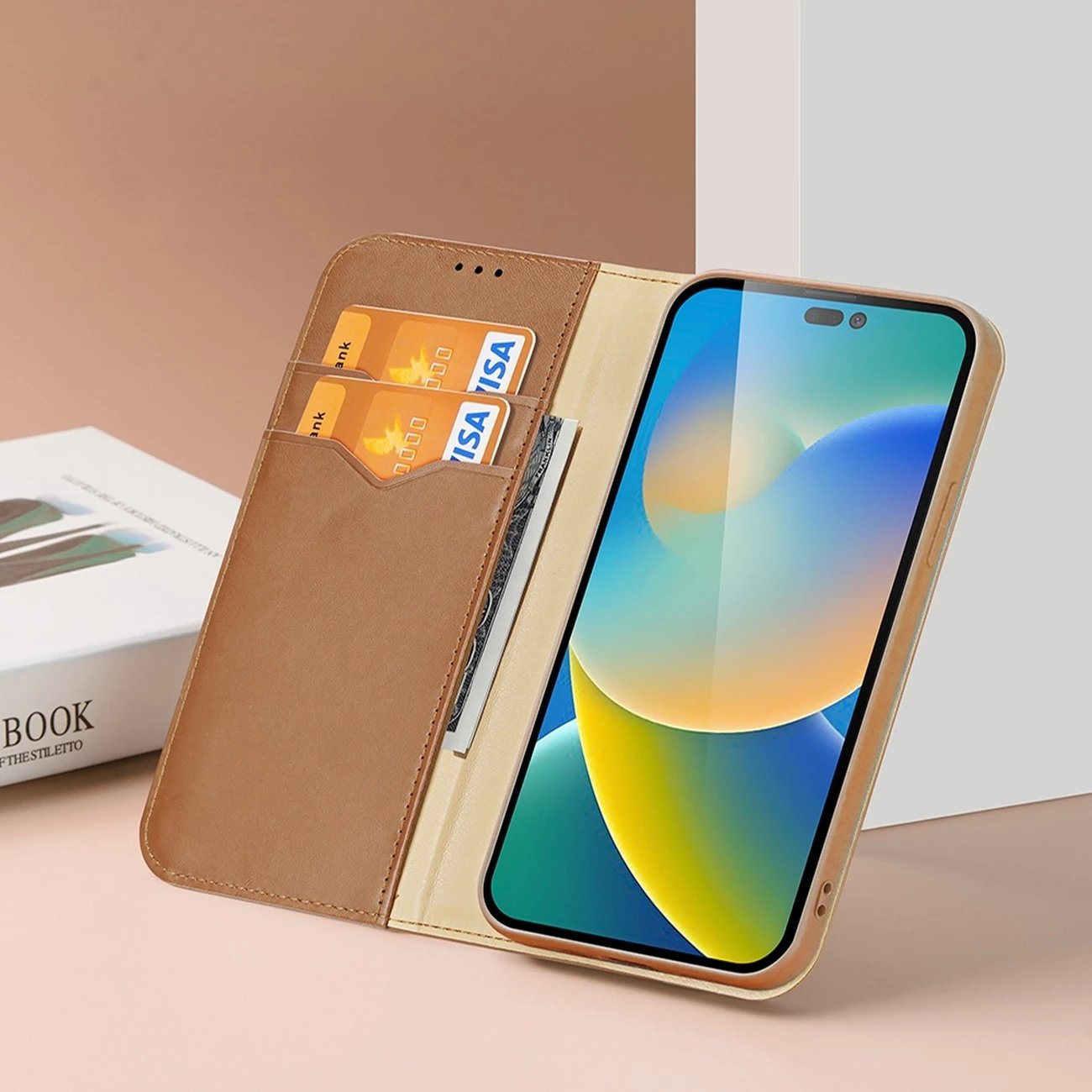 Mbështjellës Dux Ducis Hivo për iPhone 14 Pro Max, lëkurë natyrale, kafe