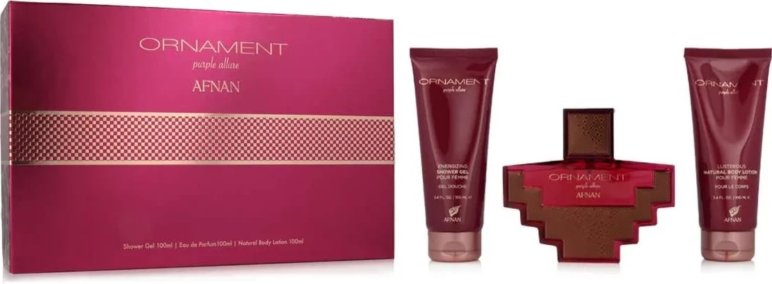 Set dhuratë Eau de Parfum unisex AFNAN Ornament Purple Allure 100ml + xhel dushi 100ml + locion trupi 100ml