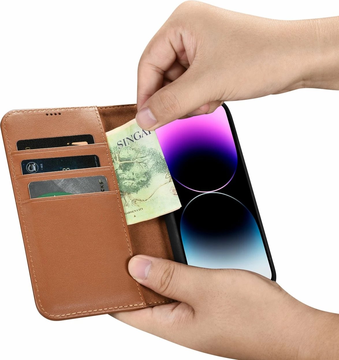 Mbështjellës iCarer Wallet Case 2in1 për iPhone 14 Pro, lëkurë natyrale, Anti-RFID, Kafe