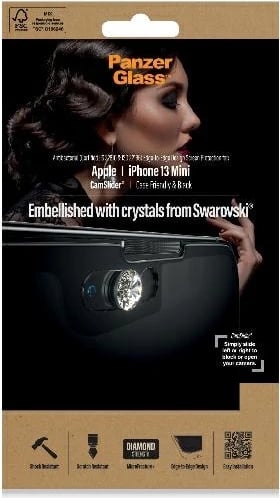 Xham mbrojtës PanzerGlass E2E Microfracture për iPhone 13 mini, me mbulesë kamere dhe kristal Swarovski, kornizë e zezë