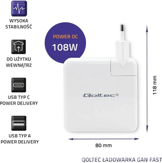 Karikues Qoltec GaN FAST 108W, USB C, Bardhë