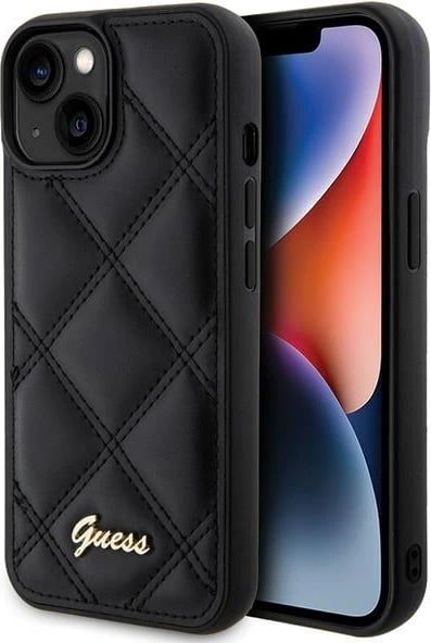 Mbështjellës Guess Quilted Metal Logo për iPhone 15, i zi