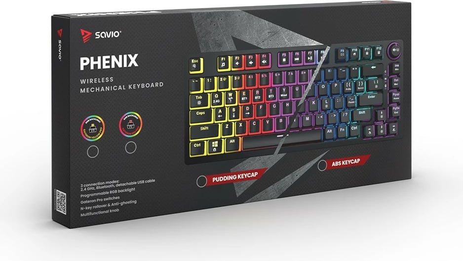 Tastierë mekanike wireless Savio Phenix, Gateron Red Pro, 82 taste, RGB, e zezë