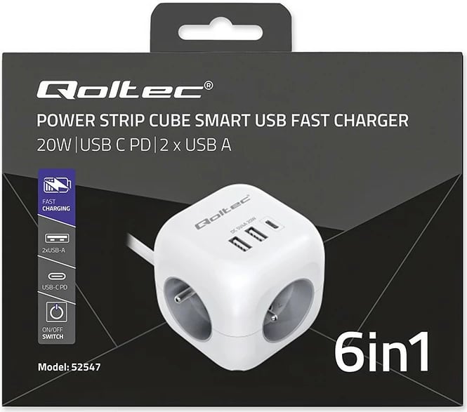 Kasë Qoltec 52547, 3x AC, 2x USB, 1x USB-C PD 20W, 2m, Bardhë