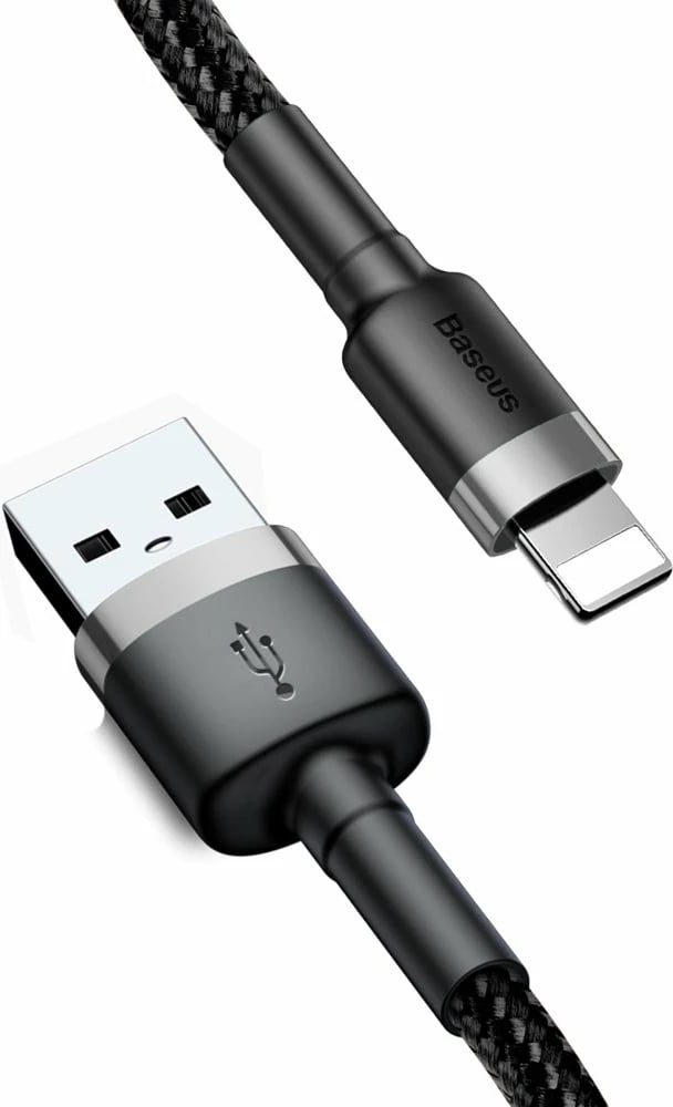 Kabllo Baseus Cafule CALKLF-AG1, USB-A në Lightning, 0.5m, 2.4A, QC 3.0, e zezë-gri
