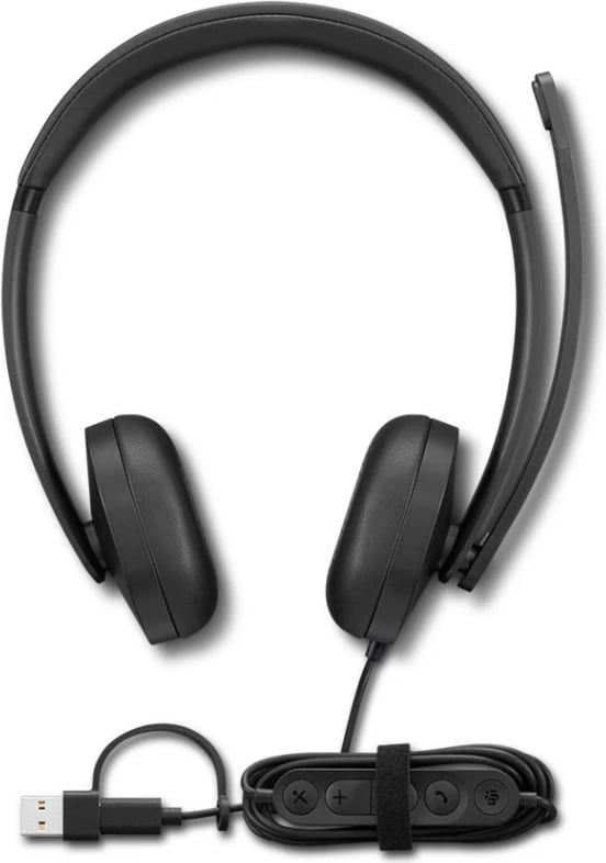 Kufje me kabllo VoIP, Lenovo Wired VoIP Headset 5000 4XD1R88995, stereo me mikrofon, USB-C me adapter USB-A, anulim zhurme, mbi vesh, e zezë