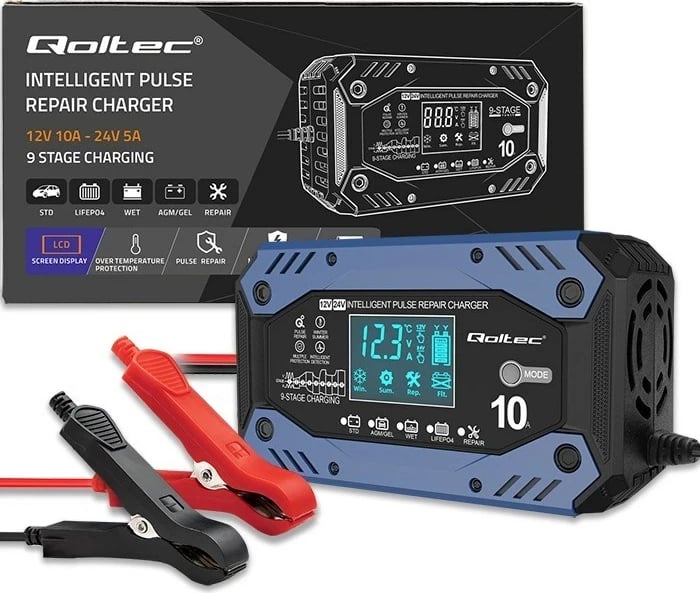 Karikues inteligjent Qoltec 52482, 12-24V, 10A, LCD, Blu