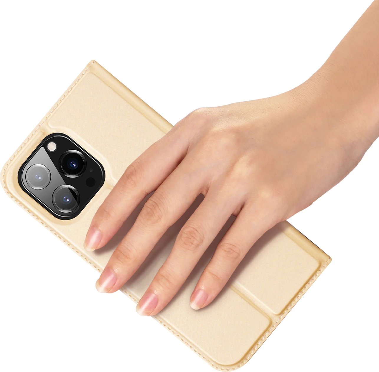 Mbështjellës Dux Ducis Skin Pro për iPhone 14 Pro Max, me kapak, xhep për kartela, ari