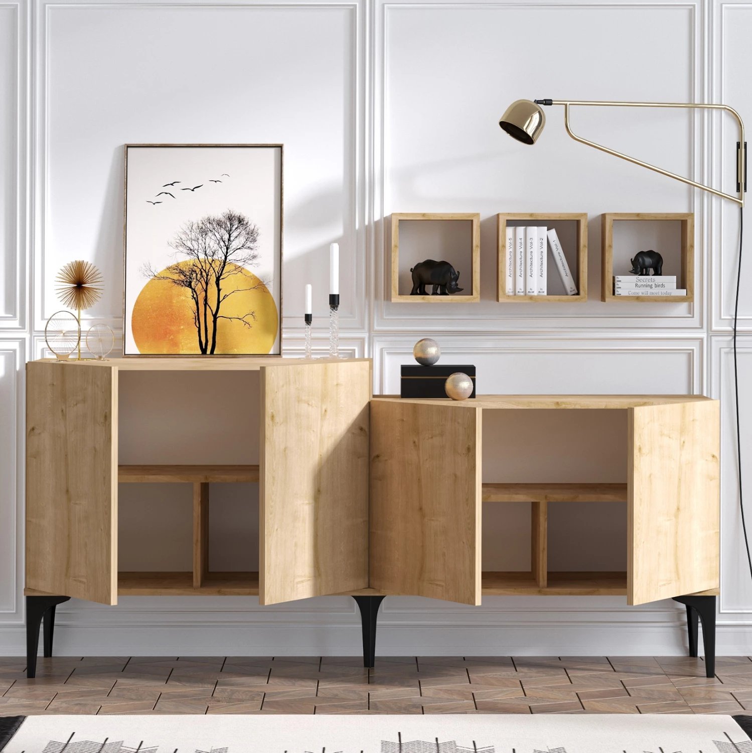 Bufe dhe 3 rafte muri melamine ngjyrë natyrale 180x40x85Hcm.FH9430.01