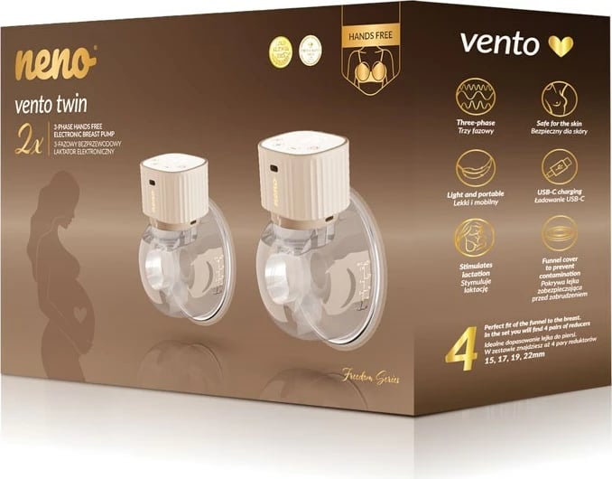 Pompë gjiri elektronike neno VENTO TWIN, pa tela, 150 ml, Bezhe, set 2 copë