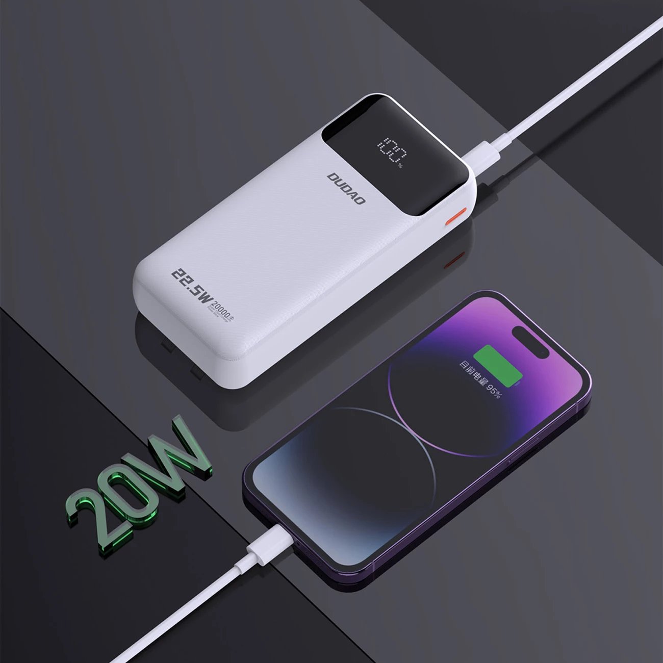 Powerbank Dudao K15Pro, 20000mAh, 22.5W, me kabllo të integruara Lightning dhe USB-C, Bardhë