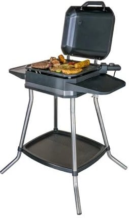 Grill elektrik 2‑në‑1 me këmbë dhe tavoline, Unold Jimmi 58585, deri 300°C, pllakë jo‑ngjitëse me faqe të lëmuara dhe të brinjëzuara, i zi