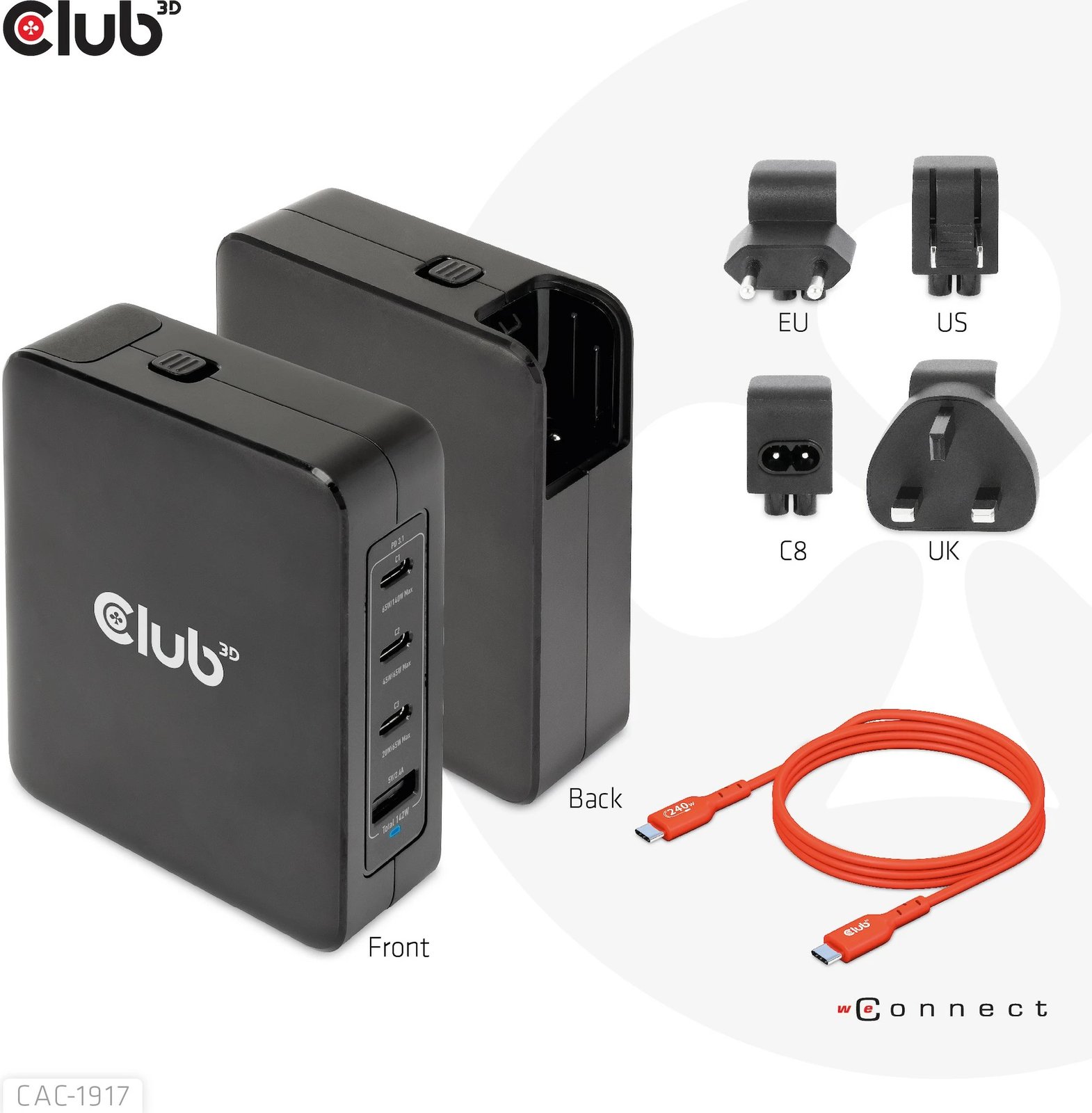Karikues universal Club3D CAC-1917, 3x USB-C, 1x USB-A, 140W, GaN, i zi