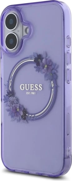 Mbështjellës Guess IML Flowers Wreath MagSafe për iPhone 16, vjollcë