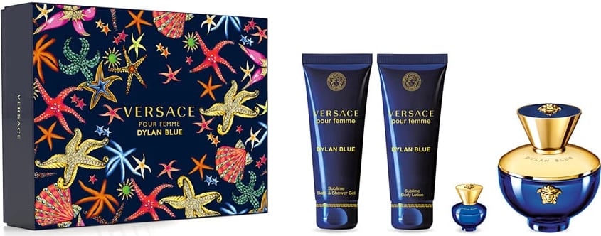 Set Eau de Parfum për femra Versace Dylan Blue, 100ml + 5ml + xhel dushi 100ml + locion trupi 100ml