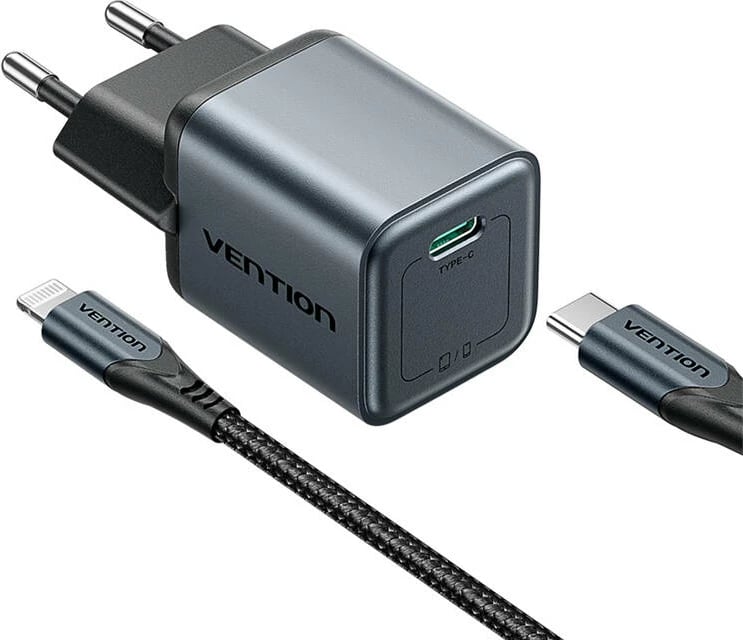 Karikues GaN Vention USB-C 20W me kabllo USB-C në Lightning 1m, Gri