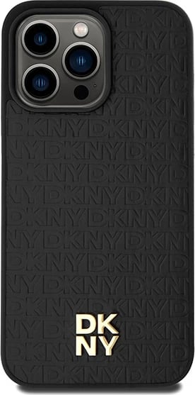 Mbështjellës DKNY Leather Monogram Pattern Metal Logo MagSafe për iPhone 15 Pro Max, i zi