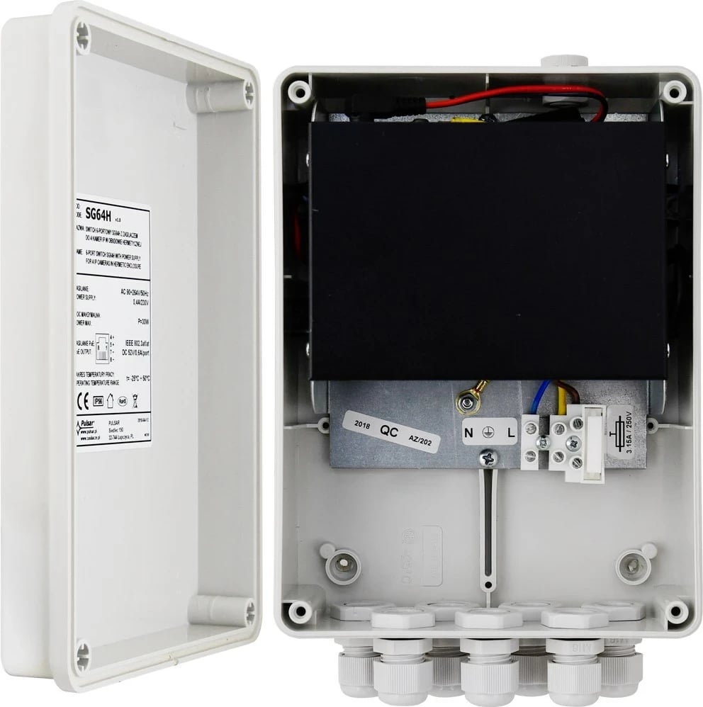 Switch PULSAR SG-64H, 6 porta, furnizim për 4 kamera IP, në kuti hermetike