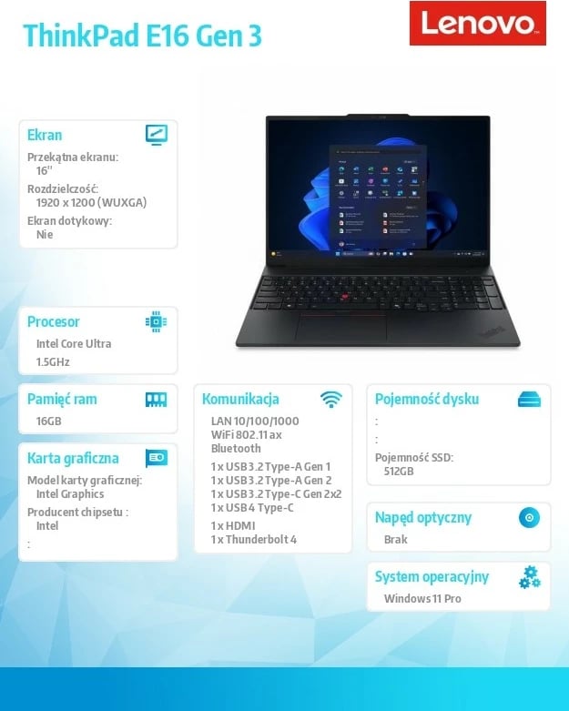 Laptop Lenovo ThinkPad E16 Gen 3 21SR0070PB, 16", Intel Core Ultra 5 225U, 16 GB RAM, 512 GB SSD, Windows 11 Pro, Zi